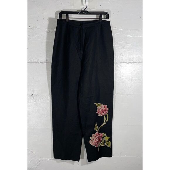 Vintage Y2K Bob Mackie Studio Black Linen Blend Pants Floral Appliqué Size 12 - Picture 2 of 11